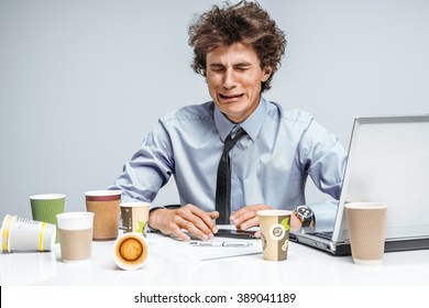 Crying Man. Negative Emotion Facial Expression Feeling. Modern Office Man At Working Place, Depression And Crisis Concept