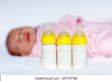 Crying Newborn Baby Girl Nursing Bottles Stock Photo 567757786 ...