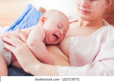 Crying newborn baby on mothers breasts while breastfeeding