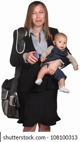 Crying Professional Lady With Phone And Baby In Arms