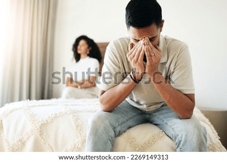Crying, sad and couple in a conflict in the bedroom about depression, divorce or relationship mistake. Mental health, depressed and man and woman with stress from marriage, fight and argument