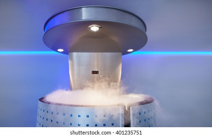 Cryotherapy capsule with cold nitrogen vapors in cosmetology clinic. Cryo sauna for whole body cryotherapy treatment.