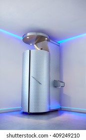Cryotherapy capsule in cosmetology clinic. Cryo sauna for whole body cryotherapy treatment.