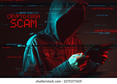 Crypto Cash Scam Concept With Faceless Hooded Male Person Using Tablet Computer, Low Key Red And Blue Lit Image And Digital Glitch Effect