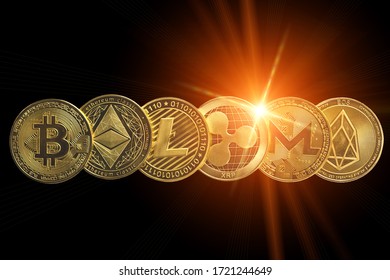 Crypto Coins Islolated On Black With Lens Flair .Blockchain Technology. Concept Of Modern Currency.