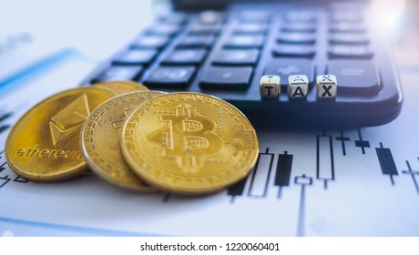 Crypto Currency  Bitcoin Coin With TAX Message And Calculator Placed On Paper With A Candlestick Chart, Concept Determining The Tax Law Of Digital Money.