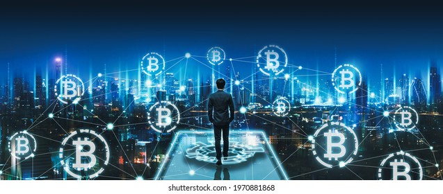 Crypto Currency Bitcoin And Digital Network Concept, Professional Business Man Walking On Future Smart City Background At Night In Bangkok, Thailand, Panorama View