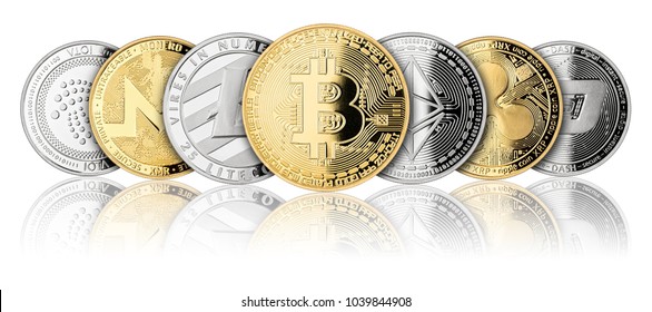 crypto currency coin panorama set collection row silver gold isolated on white background bitcoin ethereum monero dash litecoin ripple iota - Shutterstock ID 1039844908