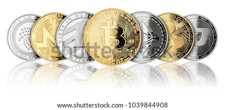 crypto currency coin panorama set collection row silver gold isolated on white background bitcoin ethereum monero dash litecoin ripple iota