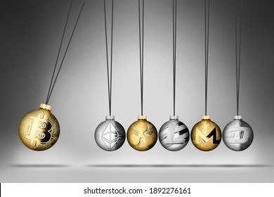 crypto currency spherical pendulum with Altcoins. Bitcoin dominance momentum exchange cryptocurrency  blockchain market concept on gray white and dark background