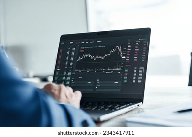 Crypto investor analyst broker analyzing financial stock trade stockmarket exchange platform indexes digital chart data on computer screen thinking of stockmarket invest analytics risk. Over shoulder