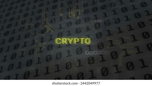Crypto text and microprocessor connections against binary coding data processing on grey background. Crypto currency and computer interface technology concept - Powered by Shutterstock - Get 15% off with code: PIKWIZARD15