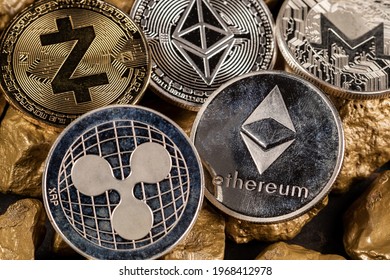 Cryptocurrency altcoins with gold nuggets. Investment and store of value concept.