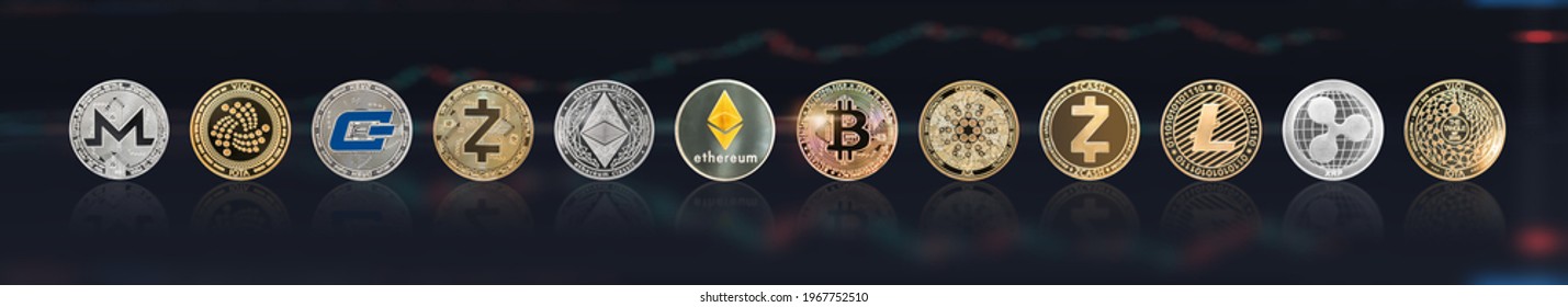 Cryptocurrency Bitcoin BTC with altcoin digital coin crypto currency, ETH Ethereum, ADA, XRP Ripple, LTC Litecoin, IOTA Miota, ZEC Zcash, XMR Monero, GASH, defi p2p decentralized financial tech market