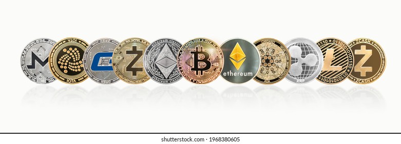 Cryptocurrency Bitcoin BTC with ETH Ethereum, Cardano, Ripple, Litecoin, MIOTA, Zcash, Monero, GASH, defi altcoins, decentralized financial currency isolated with clipping path on white background