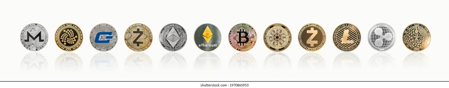 Cryptocurrency Bitcoin BTC with ETH Ethereum, Cardano, Ripple, Litecoin, MIOTA, Zcash, Monero, GASH, defi altcoins, decentralized financial currency isolated with clipping path on white background