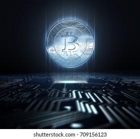 A cryptocurrency bitcoin hologram in coin form hovvering over a computer circuit board- 3D render
