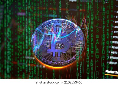 Cryptocurrency coin and financial chart with binary matrix code 
