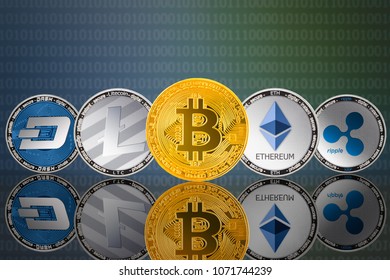 Cryptocurrency coins - Bitcoin (BTC), Litecoin (LTC), Ethereum (ETH), Ripple (XRP), DASH
