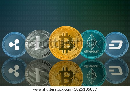 Cryptocurrency coins - Bitcoin (BTC), Litecoin (LTC), Ethereum (ETH), Ripple (XRP), DASH
