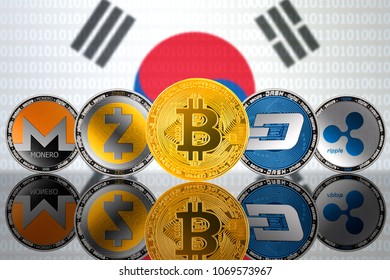 Cryptocurrency coins - Bitcoin (BTC), Monero (XMR), Zcash (ZEC), Ripple (XRP), DASH on the background of the flag of South Korea (ROK). Front view