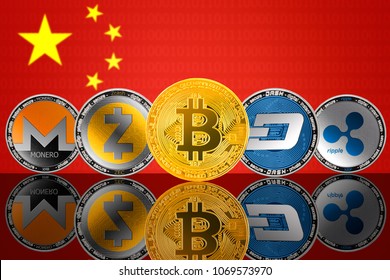 Cryptocurrency coins - Bitcoin (BTC), Monero (XMR), Zcash (ZEC), Ripple (XRP), DASH on the background of the flag of CHINA. Front view