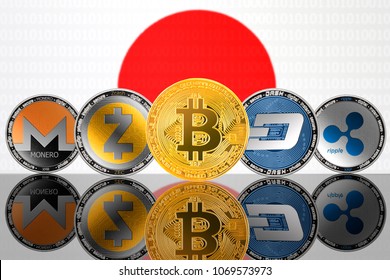 Cryptocurrency coins - Bitcoin (BTC), Monero (XMR), Zcash (ZEC), Ripple (XRP), DASH on the background of the flag of JAPAN. Front view
