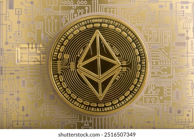 Cryptocurrency concept. A macro shot of EOS cryptocurrency coin on top of a golden printed PCB circuit.