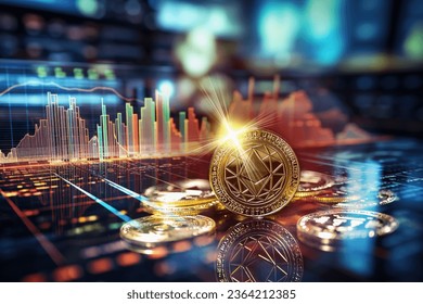 Cryptocurrency ETHEREUM (ETH); gold ethereum coin on trading business charts background. Technology and investment in cryptocurrencies.