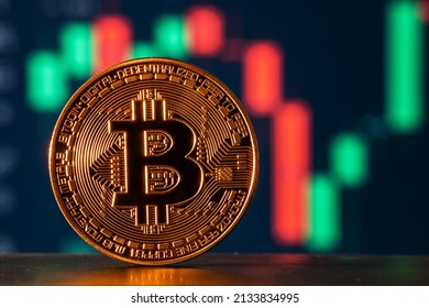 Cryptocurrency. Falling bitcoin price. The chart shows a strong fall in the price of bitcoin. Investments in virtual assets. Investment platform with charts and bitcoin coin.