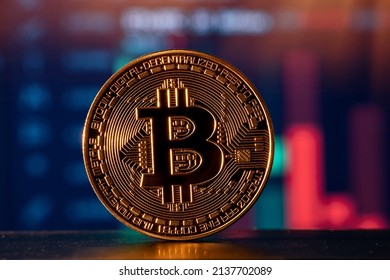 Cryptocurrency. Falling bitcoin price. The chart shows a strong fall in the price of bitcoin. Investments in virtual assets. Investment platform with charts and bitcoin coin.