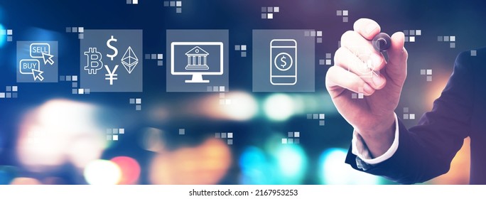 Cryptocurrency Fintech Theme With Businessman On Night City Background