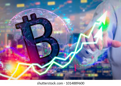 Cryptocurrency graph on virtual screen exchange stock market. Business Analytics price change cryptocurrenc, Finance and technology concept. Bitcoin symbol, investment security and strategy.