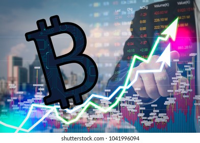 Cryptocurrency graph on virtual screen exchange stock market. Business Analytics price change cryptocurrenc, Finance and technology concept. Bitcoin symbol, investment security and strategy.