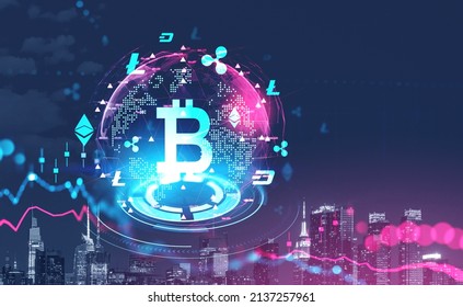 Cryptocurrency hologram with bitcoin and graphs with icons, New York city view at night. Falling candlesticks and lines. Financial crisis. Concept of internet banking. - Powered by Shutterstock - Get 15% off with code: PIKWIZARD15