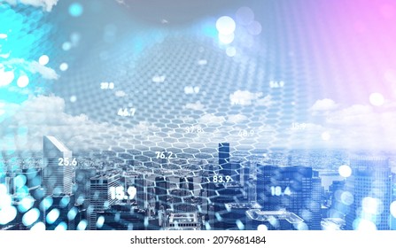 Cryptocurrency hologram with cells and chains, network in company, blue and violet bokeh. Skyscrapers in New York. Concept of e-business, finance