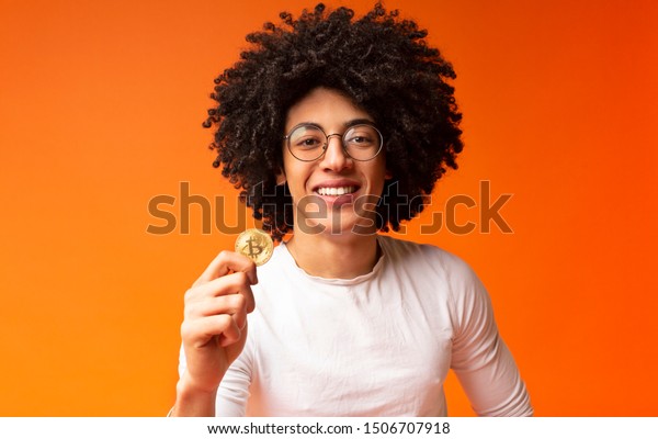 Cryptocurrency Mining Cheerful Millennial Black Guy Stock Photo