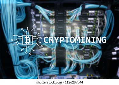 Cryptocurrency mining concept on server room background.