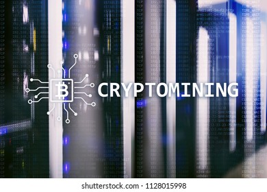 Cryptocurrency mining concept on server room background.