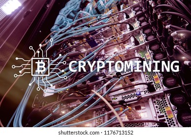 Cryptocurrency mining concept on server room background.