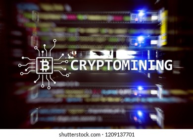 Cryptocurrency mining concept on server room background.
