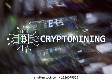 Cryptocurrency mining concept on server room background.