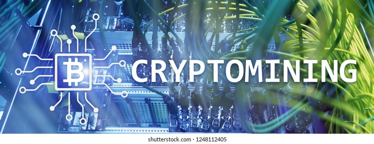 Cryptocurrency mining concept on server room background.