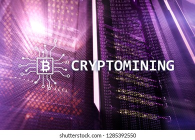 Cryptocurrency mining concept on server room background.