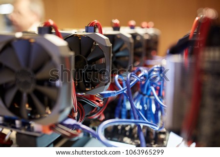 Cryptocurrency mining equipment - lots of gpu cards on mainboard