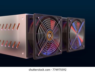 Cryptocurrency mining farm. bitcoin and altcoins mining. asic miner. 3D rendering