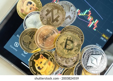 Cryptocurrency on Binance trading app, Bitcoin BTC with BNB, Ethereum, Dogecoin, Cardano, Litecoin, altcoin digital coin crypto currency defi p2p decentralized finance and fintech banking market