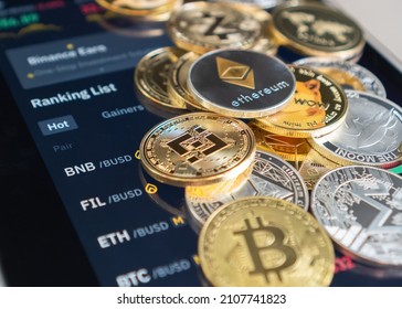 Cryptocurrency on Binance trading app, Bitcoin BTC with BNB, Ethereum, Dogecoin, Cardano, Litcoin, altcoin digital coin crypto currency defi p2p decentralized finance and fintech banking market