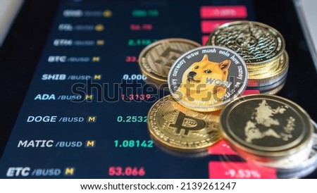 Cryptocurrency on Binance trading app, Bitcoin BTC with BNB, Ethereum, Dogecoin, Cardano, Litcoin, altcoin digital coin crypto currency defi p2p decentralized finance and fintech banking market
