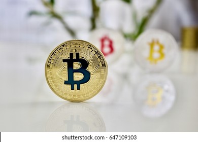 Cryptocurrency physical colored bitcoin coins. Pink bitcoin, blue bitcoin and yellow bitcoin
